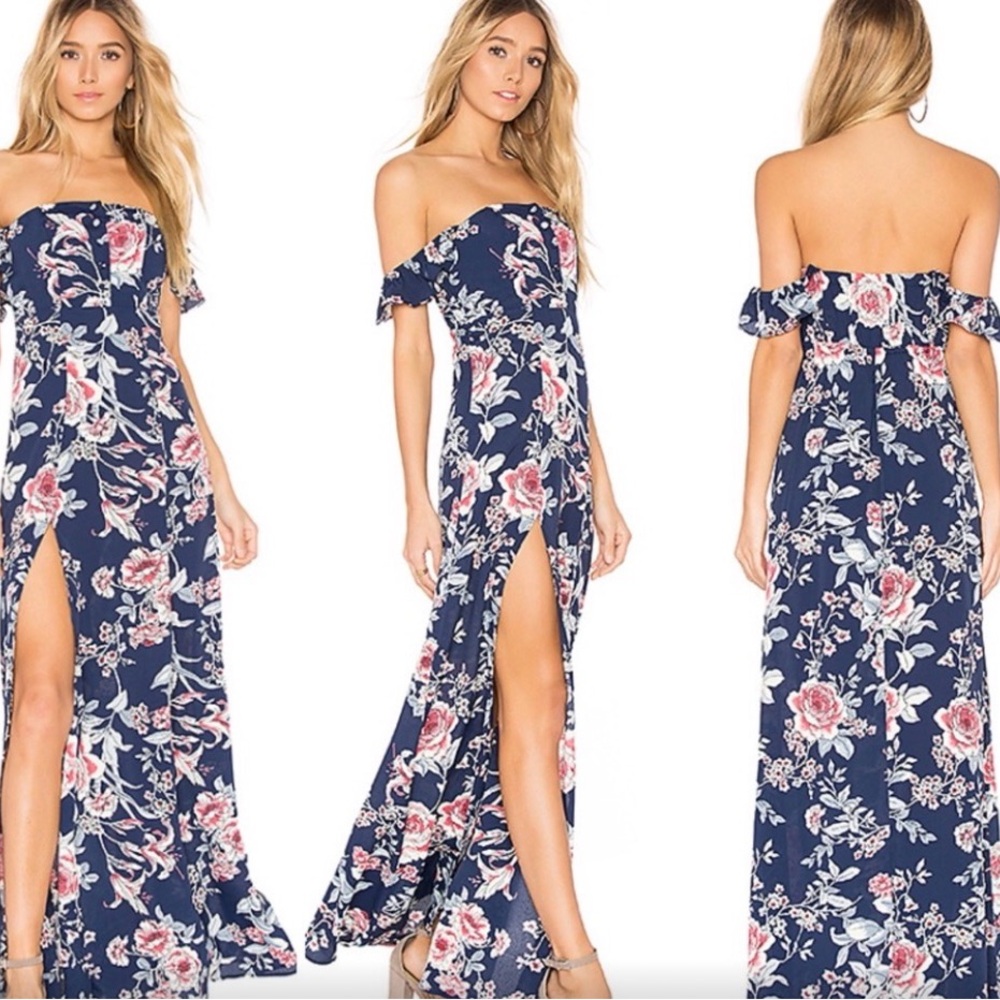 Flynn Skye Navy Floral Off-Shoulder Maxi Dress with Pink Flowers